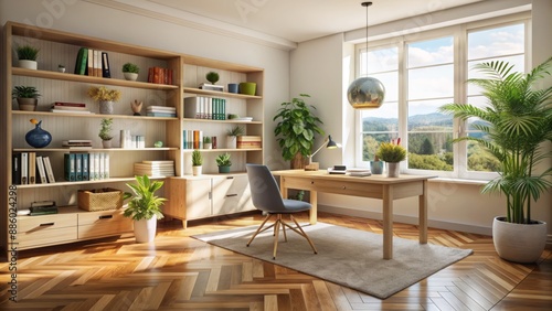 Modern spacious study room with desk, chair, bookshelves, globe, plants, and toys on laminate flooring in a calm atmosphere. © DigitalArt Max