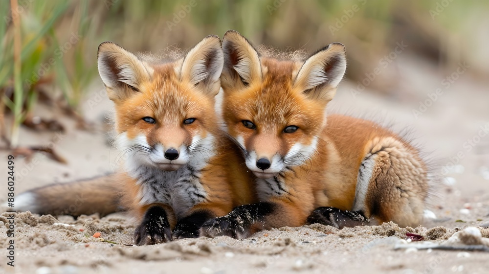 Wild baby red foxes cuddling at the beach Wild baby red foxes cuddling at the beach