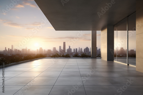 concrete gray modern villa in the morning, urban skyline in the background,