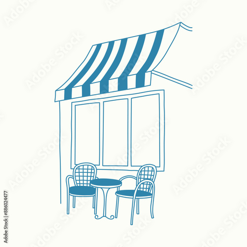Blue Minimalist Cafe with Striped Awning