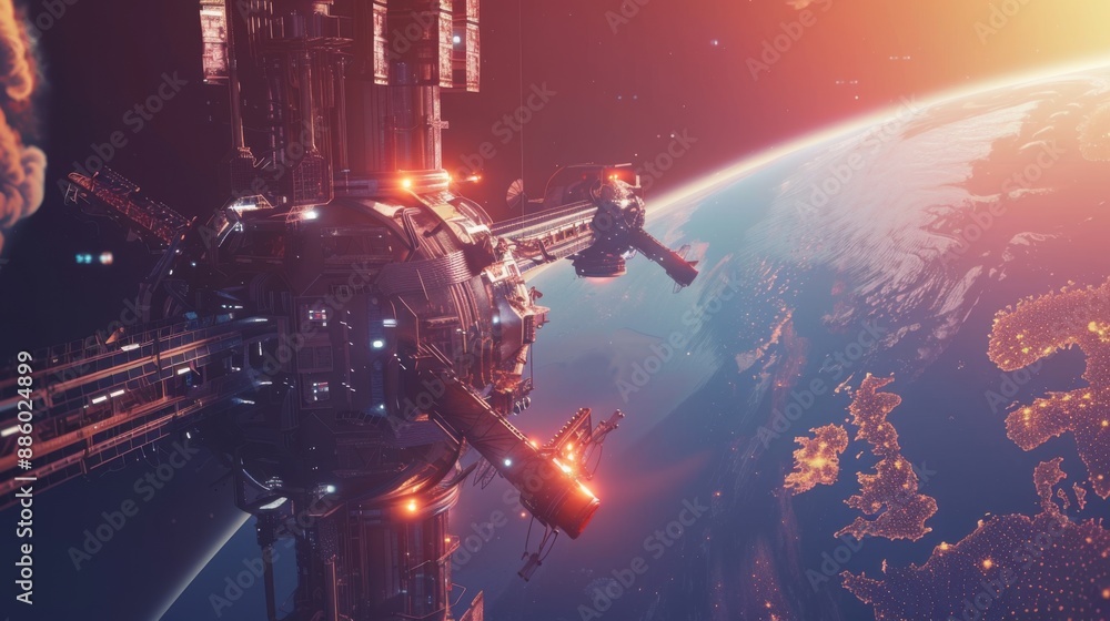 Futuristic Space Station Orbiting a Planet in Dramatic 3D Rendering Futuristic Space Station Orbiting a Planet in Dramatic 3D Rendering