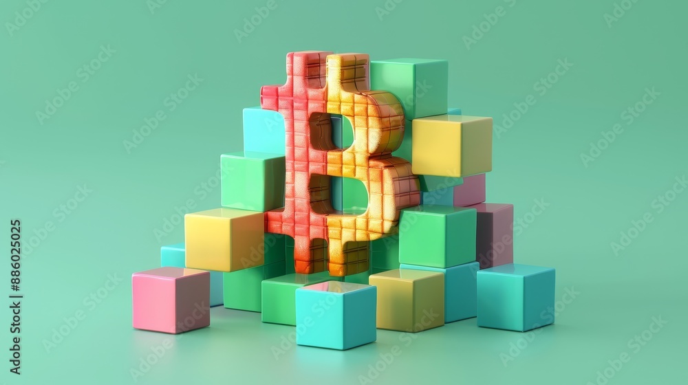 Obraz premium Digital Currency Evolution: Blockchain and Bitcoin Triadic Tech Design in 3D Render