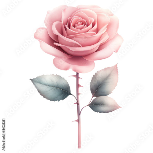 Pink rose flower with thorns and green leaves in watercolor style clipart with transparent background