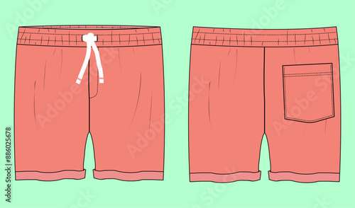 terry fleece orange shorts fashion illustration flat sketch vector. 