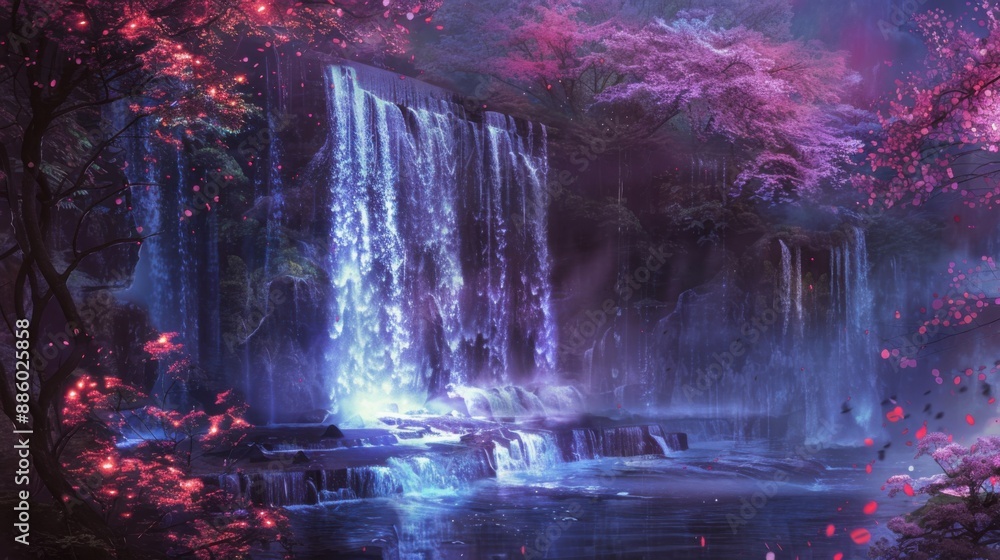 Enchanted Waterfall: Mystical Glowing Waters in Ethereal Light - Fantasy Watercolor Landscape Painting Enchanted Waterfall: Mystical Glowing Waters in Ethereal Light - Fantasy Watercolor Landscape Painting