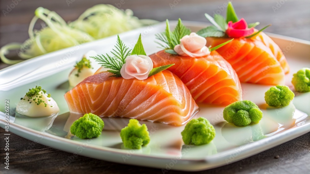 Delicate pink salmon sashimi arranged artistically on a minimalist white plate with delicate green wasabi and pickled ginger accents. Delicate pink salmon sashimi arranged artistically on a minimalist white plate with delicate green wasabi and pickled ginger accents.
