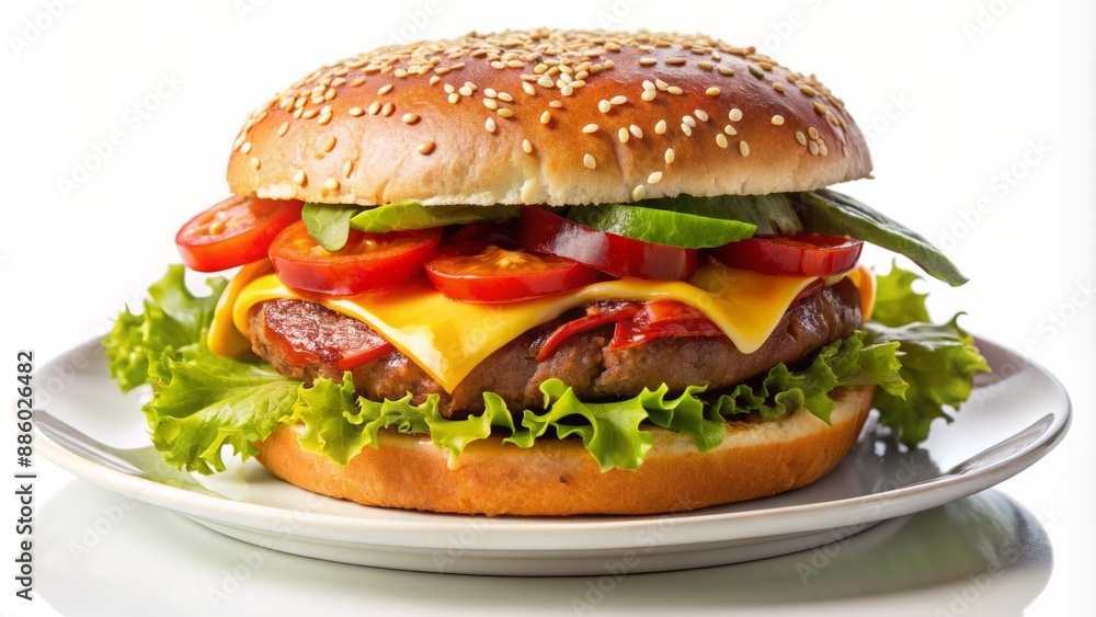 Juicy hamburger with melted cheese, lettuce, tomato, and bacon on a sesame seed bun, isolated on a clean white plate. Juicy hamburger with melted cheese, lettuce, tomato, and bacon on a sesame seed bun, isolated on a clean white plate.