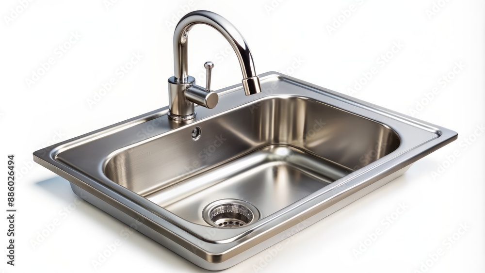 Clean modern kitchen sink with chrome faucet and running water, isolated on white background with subtle shadows. Clean modern kitchen sink with chrome faucet and running water, isolated on white background with subtle shadows.