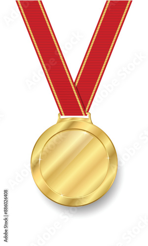 Gold medal Realistic shiny with red ribbon. Champion golden trophy award with shadow. glossy gold coin Prize in sport for winning first place in competition vector illustration isolated on white.