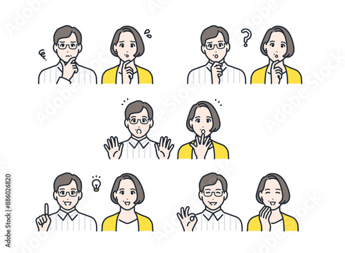 ミドル夫婦の表情アイコンイラストセット素材