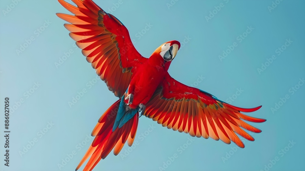 Fototapeta premium Scarlet Macaw flying against clear blue sky