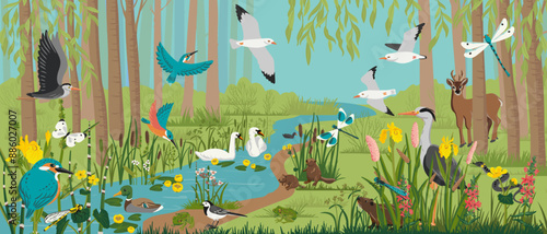 vector drawing landscape with summer river, forest with trees, wild animals and birds, insects and plants, wimmelbook, page of hidden picture book, natural background, hand drawn illustration