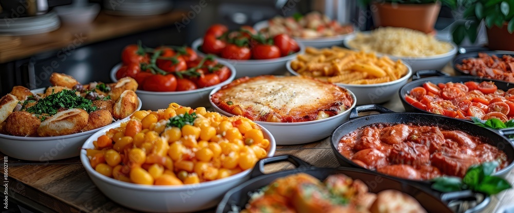 Assorted Italian dishes on a table, Image Background Assorted Italian dishes on a table, Image Background