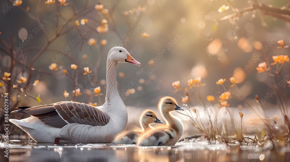 Obraz premium Country goose family in a rural setting