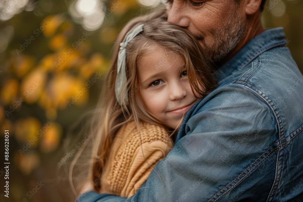 Father is hugging his daughter in an autumnal forest setting, sharing a tender moment Father is hugging his daughter in an autumnal forest setting, sharing a tender moment