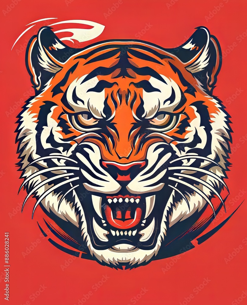 Fototapeta Detailed illustration of a tigers face with a red background