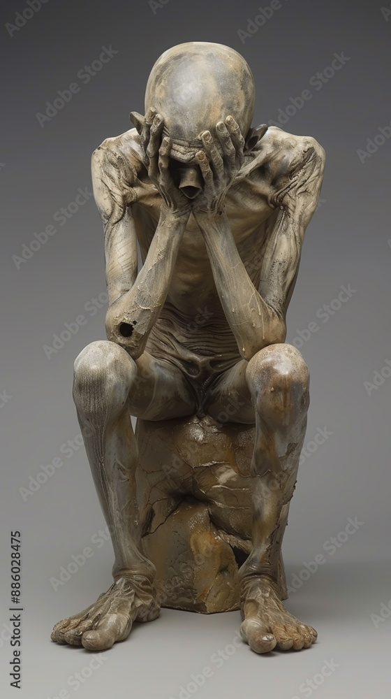 Sculpture of Despair: Emaciated Figure Sitting with Head in Hands Sculpture of Despair: Emaciated Figure Sitting with Head in Hands