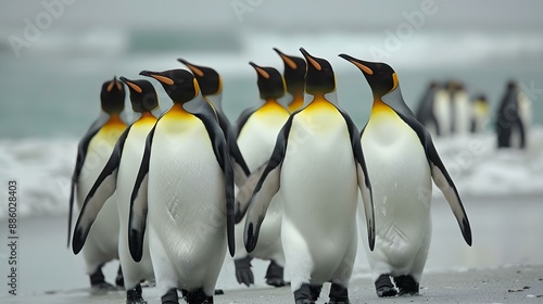 Many king penguins walking on the beach at St. Andrews