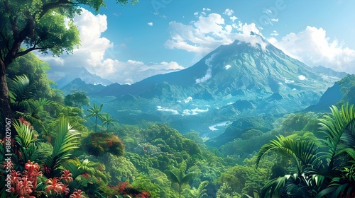 the Arenal Volcano with lush rainforests and wildlife in the foreground.