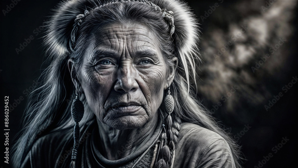 A Close-up of an Elderly Native American Woman With a Serious Expression. She Has a Fur Headdress and Is Wearing Traditional Clothing. A Close-up of an Elderly Native American Woman With a Serious Expression. She Has a Fur Headdress and Is Wearing Traditional Clothing.