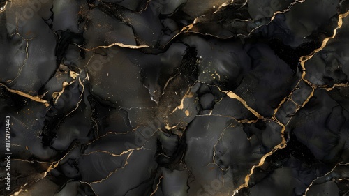 Black and gold abstract painting with intricate patterns and fluid textures. Marble seamless pattern. AI generated images.