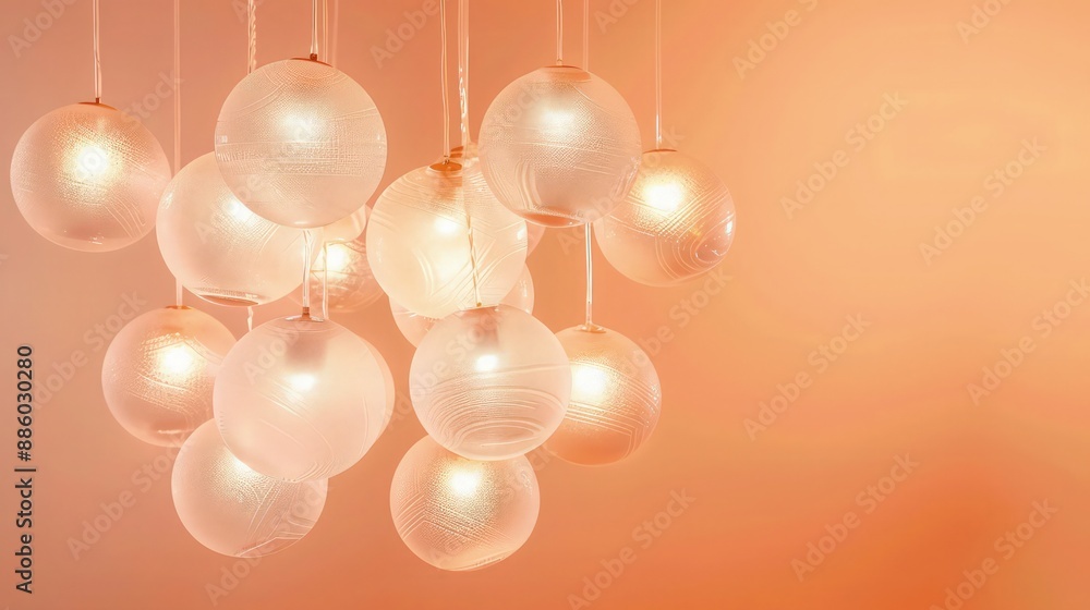 A cluster of lighting balls on a chandelier, each crafted from frosted glass, hanging in a dining room with a warm peach background that enhances the cozy dining experience. A cluster of lighting balls on a chandelier, each crafted from frosted glass, hanging in a dining room with a warm peach background that enhances the cozy dining experience.