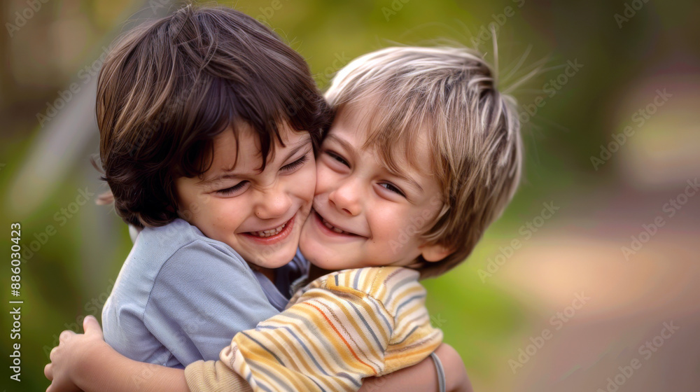 Two best friends hugging and smiling, children enjoying the summer Two best friends hugging and smiling, children enjoying the summer