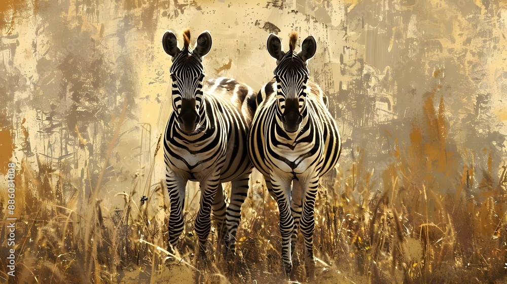 Fototapeta premium Two plains zebras (Equus burchelli) in natural habitat
