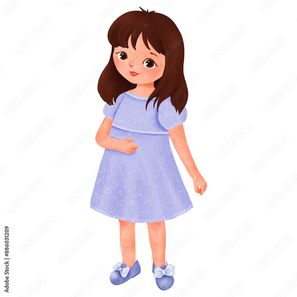Charming girl with brown hair in blue dress, designed for childrens apparel and fashion Charming girl with brown hair in blue dress, designed for childrens apparel and fashion