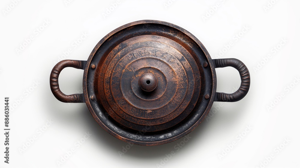 An antique cast iron pot shows its age and character through a weathered and rustic exterior. An antique cast iron pot shows its age and character through a weathered and rustic exterior.