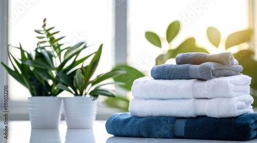 Clean towels and houseplant on white table with bright light background. copy space.