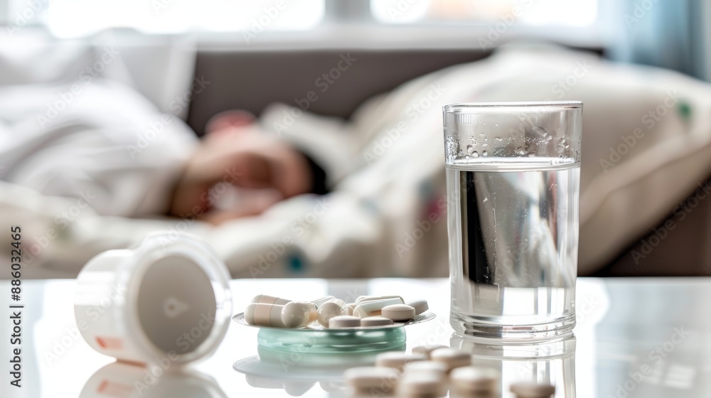Closeup glass of drink water and pills on white table with blurred background of man sleeping on sofa. medicine and health care concept. copy space. Closeup glass of drink water and pills on white table with blurred background of man sleeping on sofa. medicine and health care concept. copy space.