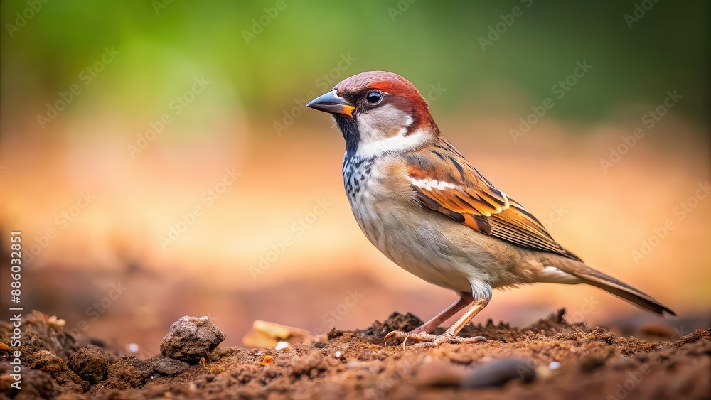 A small sparrow perched on the ground , bird, wildlife, nature, feathered, cute, outdoors, natural, animal, avian, small, tiny