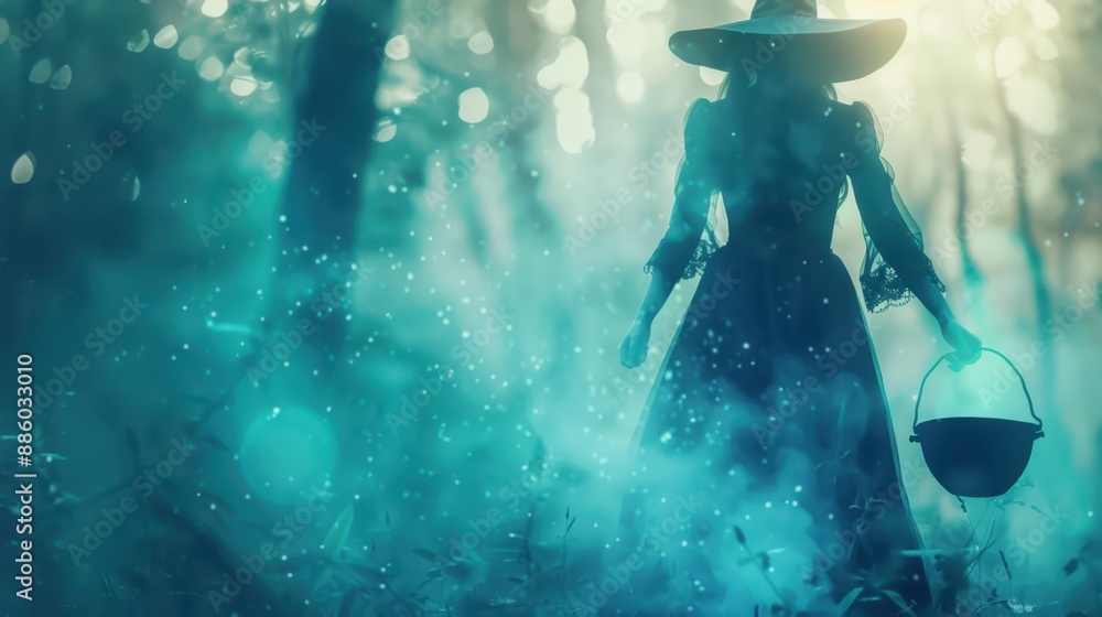 Hands holding a smoking cauldron in a dark, mystical forest, creating an eerie atmosphere. Concept: Halloween magic. Hands holding a smoking cauldron in a dark, mystical forest, creating an eerie atmosphere. Concept: Halloween magic.