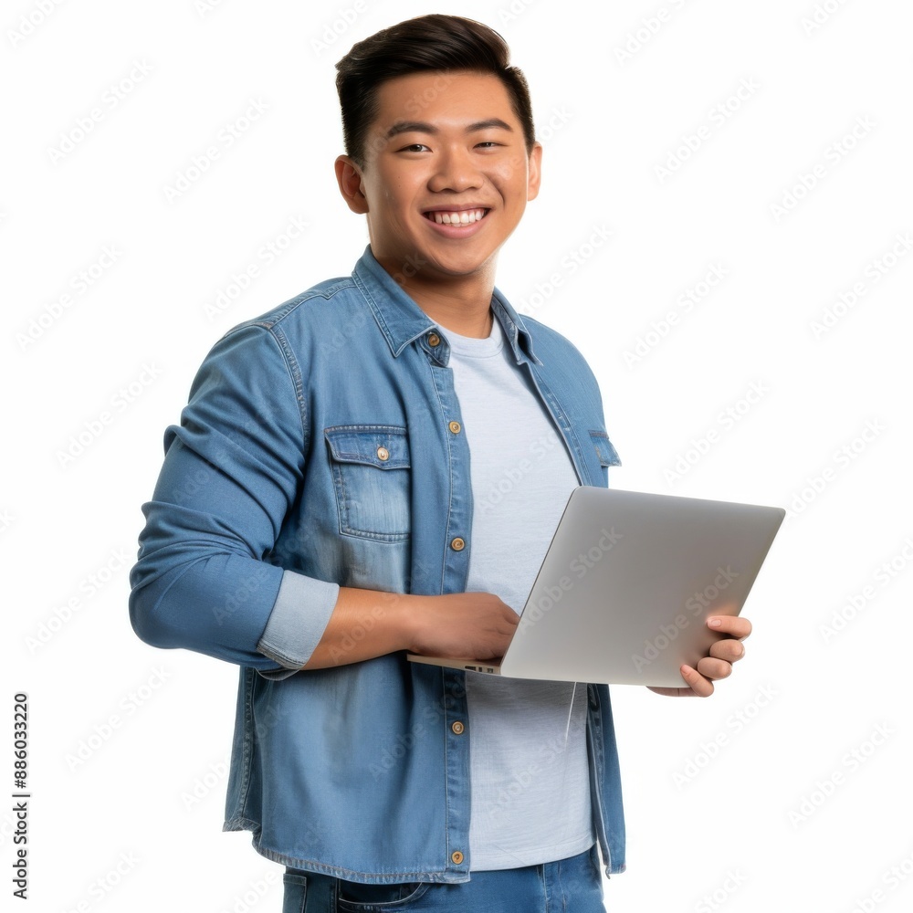 smiling student, a young asian man, with laptop, wearing blue casual clothes smiling student, a young asian man, with laptop, wearing blue casual clothes