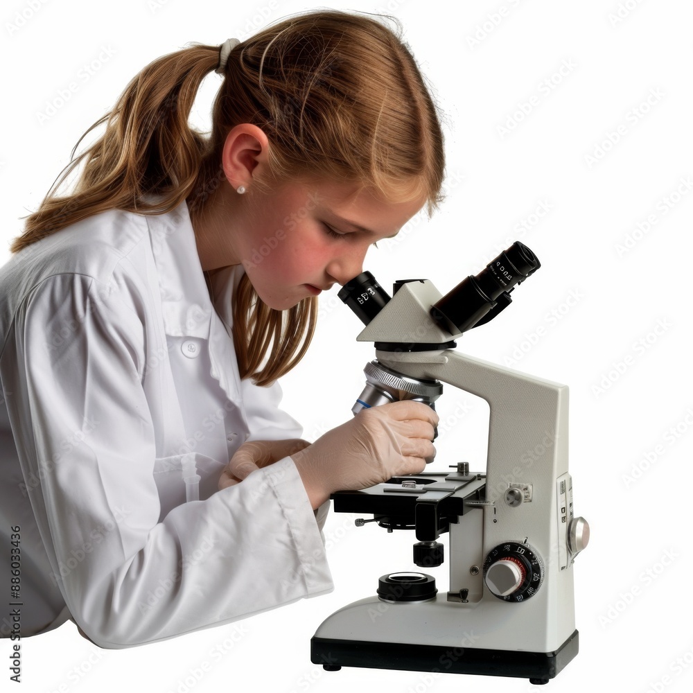 girl in a white lab coat looking through a microscope girl in a white lab coat looking through a microscope