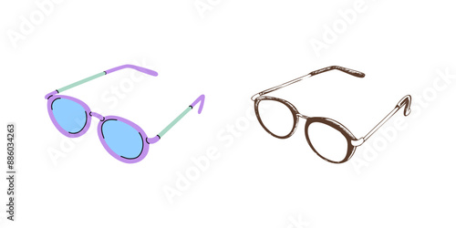 Vector hand-drawn and flat school and office supplies Illustration. Detailed retro style eyeglasses sketch. Vintage sketch element. Back to School. School essential illustration.