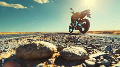 Bright Daylight Scene with Sports Motorcycle and Stones photo