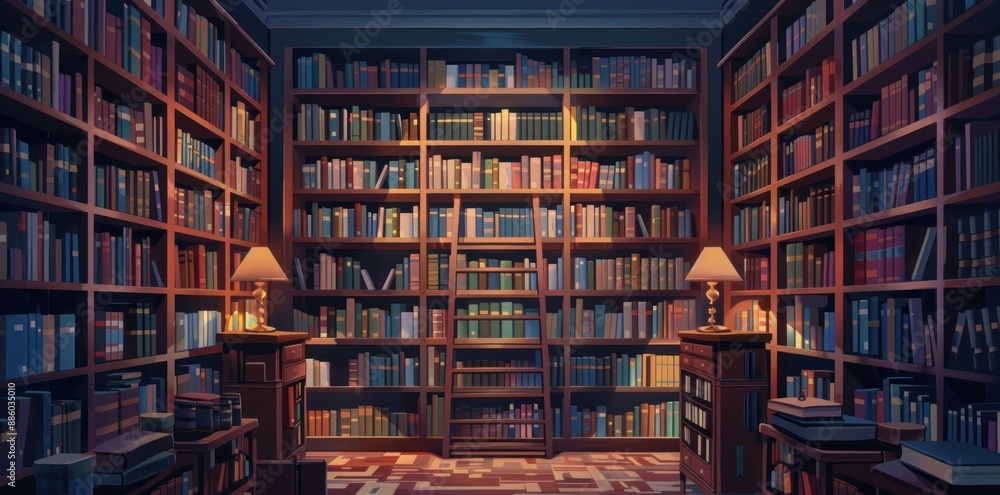 An Enchanting Library With Warm Lighting And Stacks Of Books An Enchanting Library With Warm Lighting And Stacks Of Books