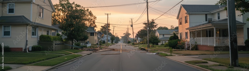 Tranquil suburban street at sunset, lined with houses and trees. Calm residential neighborhood with serene evening lighting. Tranquil suburban street at sunset, lined with houses and trees. Calm residential neighborhood with serene evening lighting.