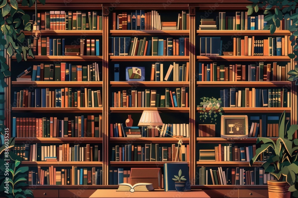 Fototapeta premium A Sunlit Library with Bookshelves Full of Literature