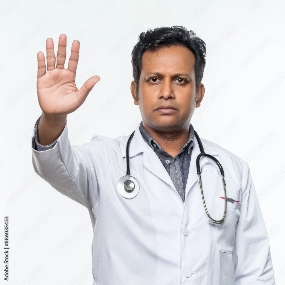 a handsome 40 year Indian doctor, raised hand, stop gesture, confident expression