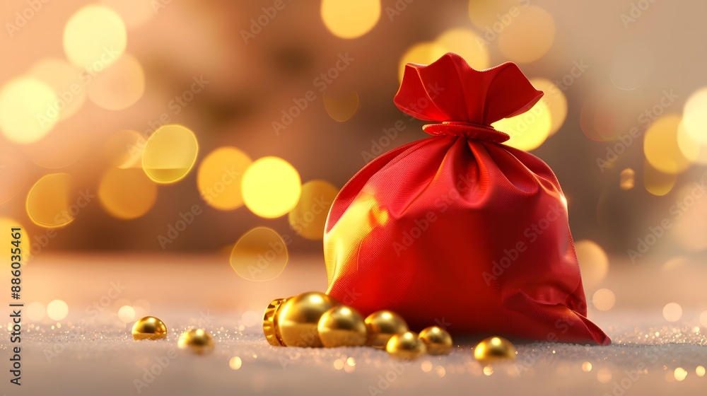 3D scene featuring a red cartoon festive bag opening to display a gold ingot inside, emphasizing themes of prosperity and festivity 3D scene featuring a red cartoon festive bag opening to display a gold ingot inside, emphasizing themes of prosperity and festivity
