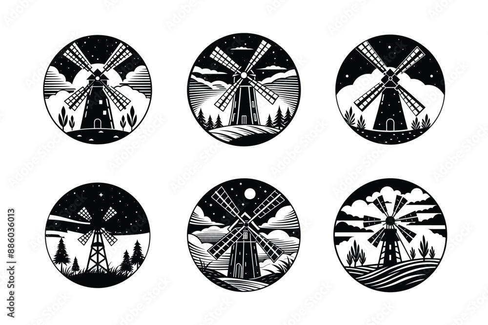 black circle windmill barn farmhouse Dutch image vector silhouette icon black circle windmill barn farmhouse Dutch image vector silhouette icon