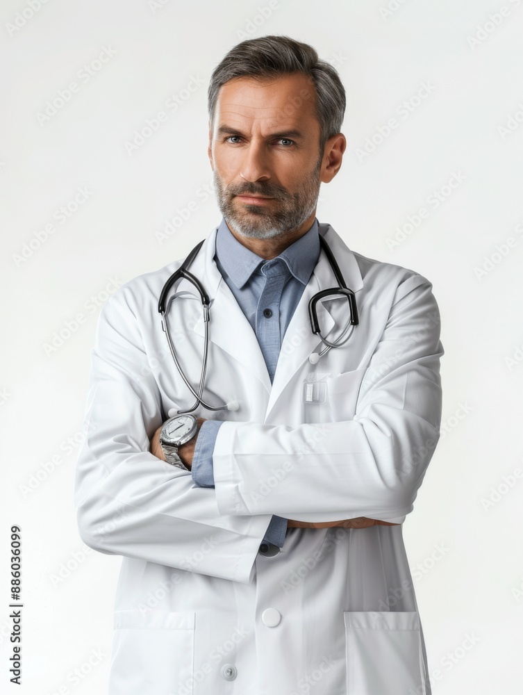doctor rather handsome view, looking slightly straight, white background doctor rather handsome view, looking slightly straight, white background