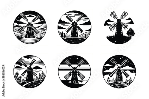 black circle windmill barn farmhouse Dutch image vector silhouette icon 