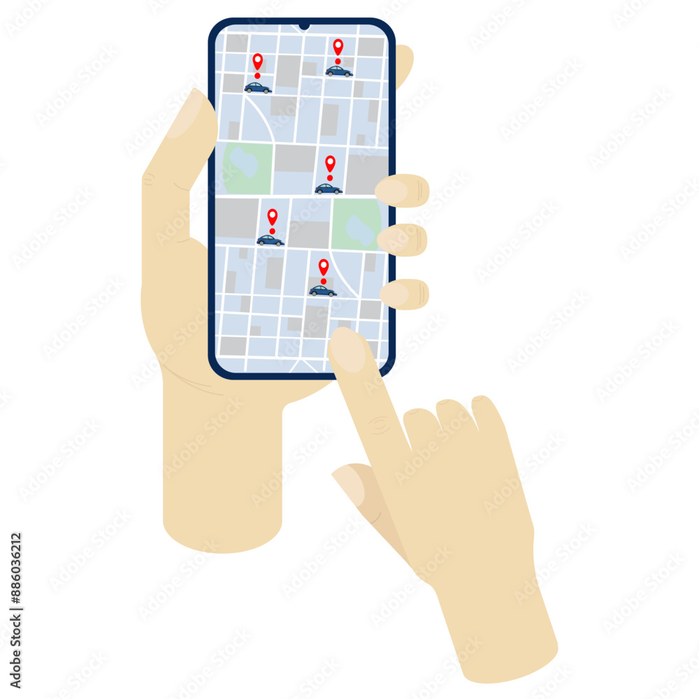 Cars on the city map are depicted on a smartphone in hand. Vector illustration on a white background isolated. Concept - car sharing, car rental, search and choice of car. Cars on the city map are depicted on a smartphone in hand. Vector illustration on a white background isolated. Concept - car sharing, car rental, search and choice of car.