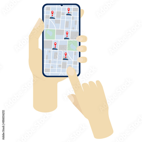 Cars on the city map are depicted on a smartphone in hand. Vector illustration on a white background isolated. Concept - car sharing, car rental, search and choice of car.