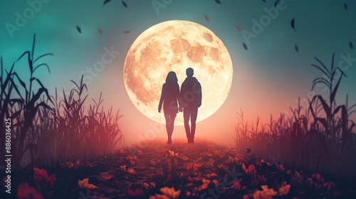 A couple walking through a cornfield at dusk, the harvest moon casting a gentle glow, fallen leaves crunching underfoot, realistic photo, high detail, romantic evening