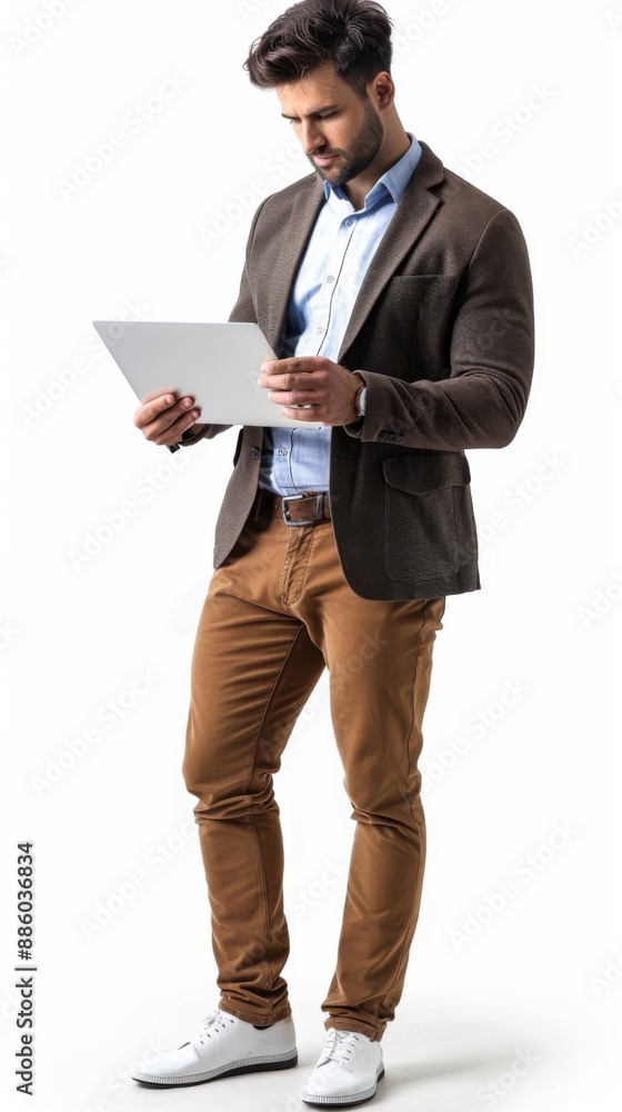 A confident male entrepreneur analyzing a report on his laptop. He is standing against a white background, portraying a sense of focus and determination A confident male entrepreneur analyzing a report on his laptop. He is standing against a white background, portraying a sense of focus and determination